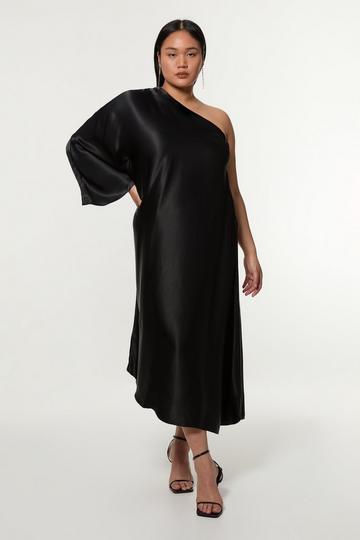 Plus Size One Shoulder Draped Satin Woven Midaxi Dress black