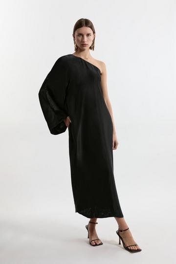 Black One Shoulder Draped Satin Woven Midaxi Dress