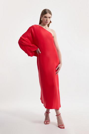 Red One Shoulder Draped Satin Woven Maxi Dress