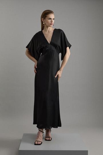 Black Satin Angel Sleeve Woven Maxi Dress