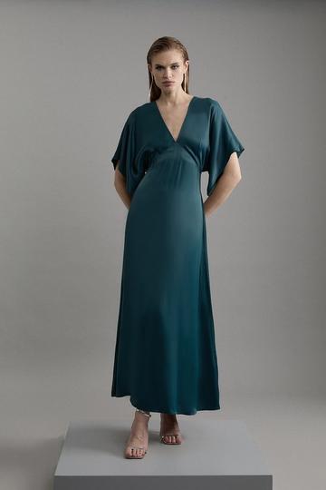 Satin Angel Sleeve Woven Maxi Dress teal