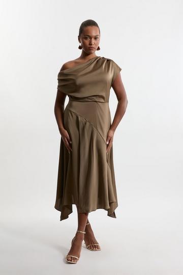 Brown Plus Size Satin Off The Shoulder Asymmetric Hem Woven Midi Dress