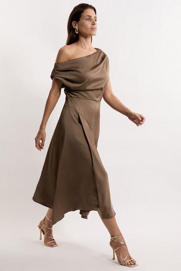 Brown Satin Off The Shoulder Asymmetric Hem Woven Midi Dress