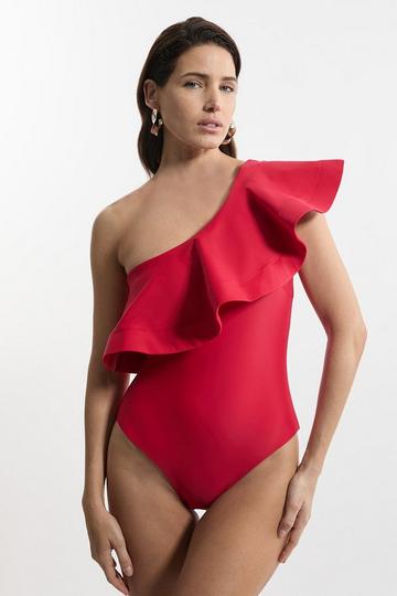 Red Drama Ruffle One Shoulder Swimsuit