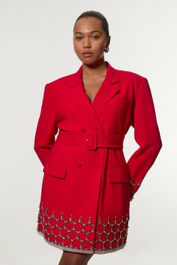 Plus Size Crystal Embellished Tailored Blazer Mini Dress red