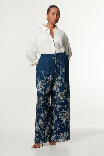 Plus Size Border Print Viscose Piped Woven Wide Leg Trouser dark navy