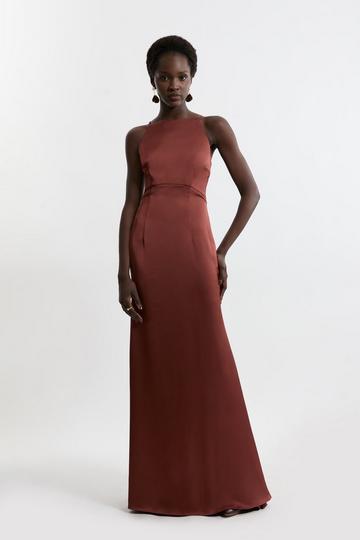 Tall Satin Back Crepe Long Sleeved Column Woven Mid Maxi Dress chocolate