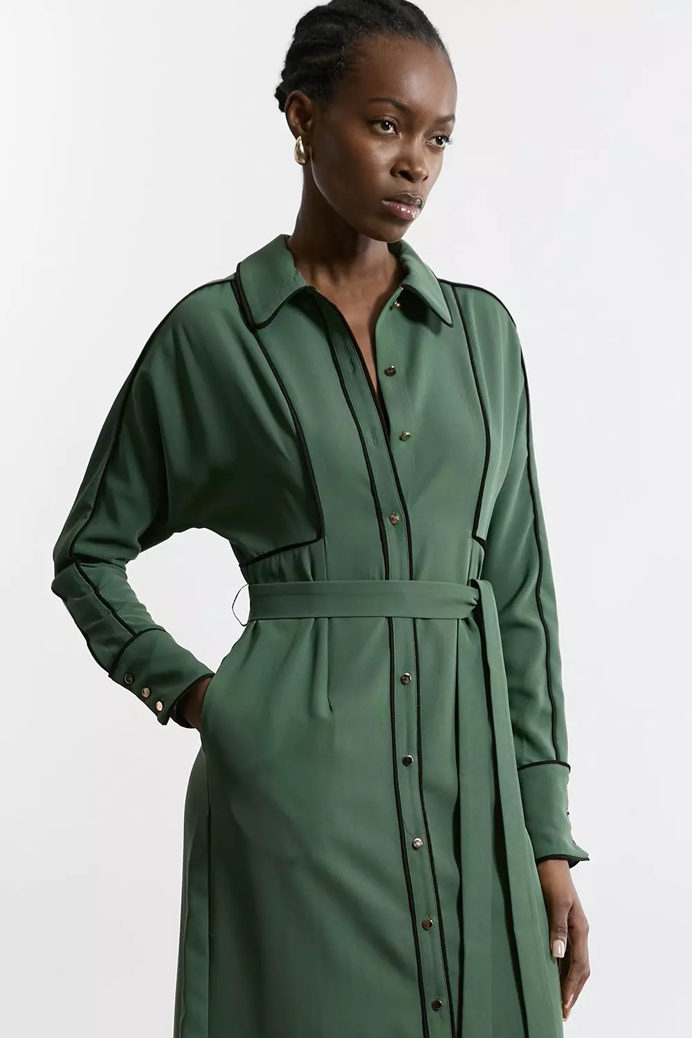 KAREN MILLEN 日本未入荷 花柄 ベルト シャツ ミニドレス 緑 Paisley Printed Morocain Woven Midi Shirt Dress | Karen Millen