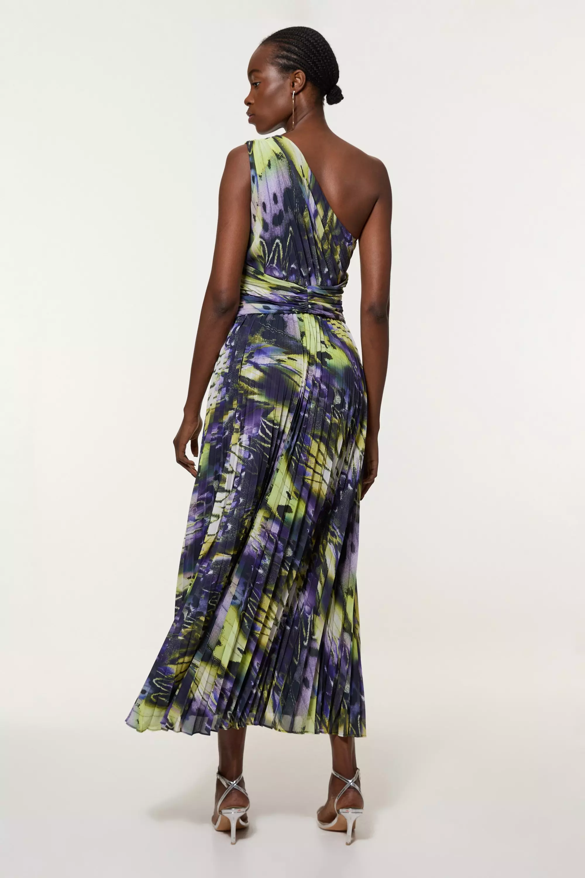 Tall Crinkle Feather Print Woven One Shoulder Midaxi Dress