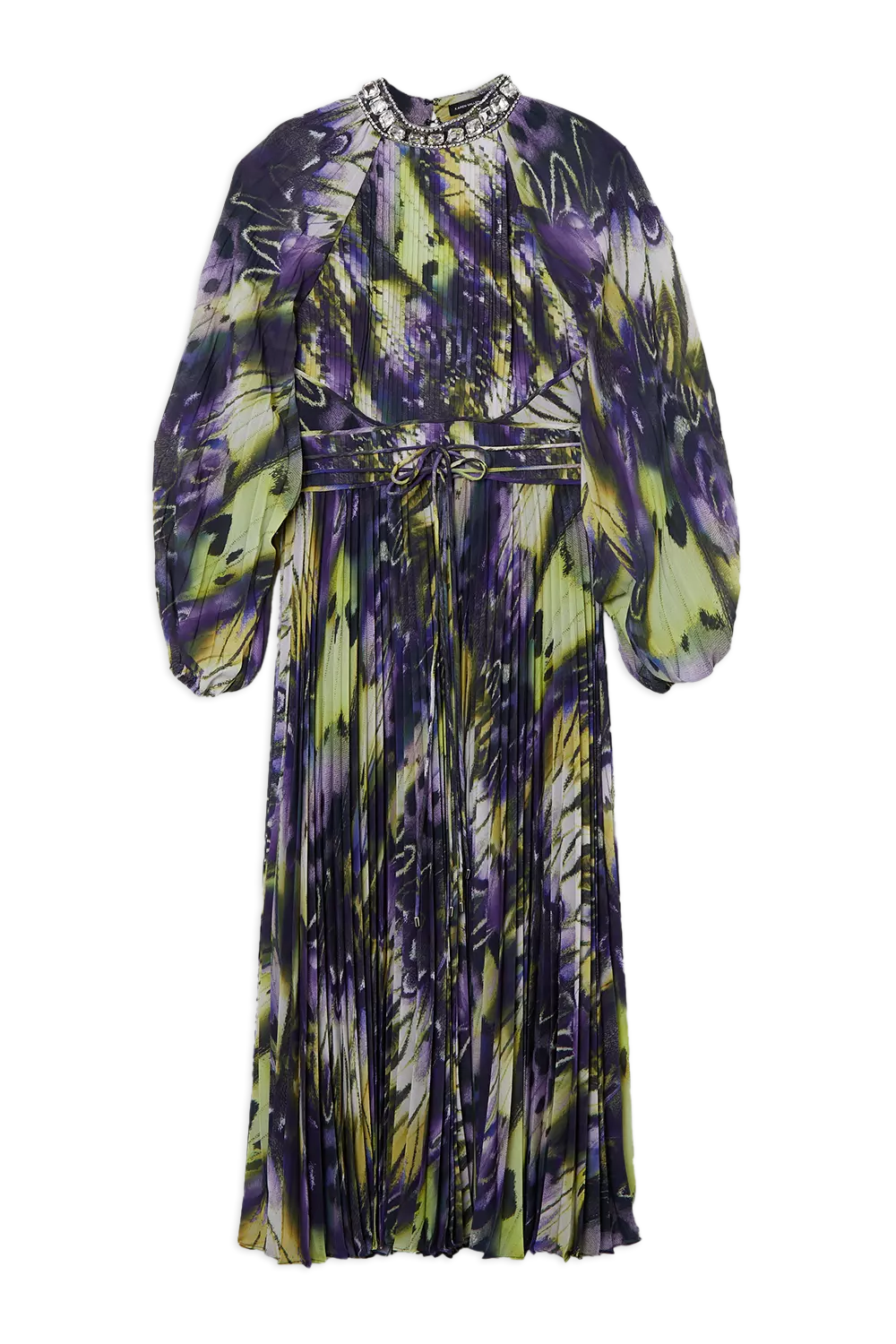 Crystal Embellished Crinkle Feather Printed Woven Maxi Dress
