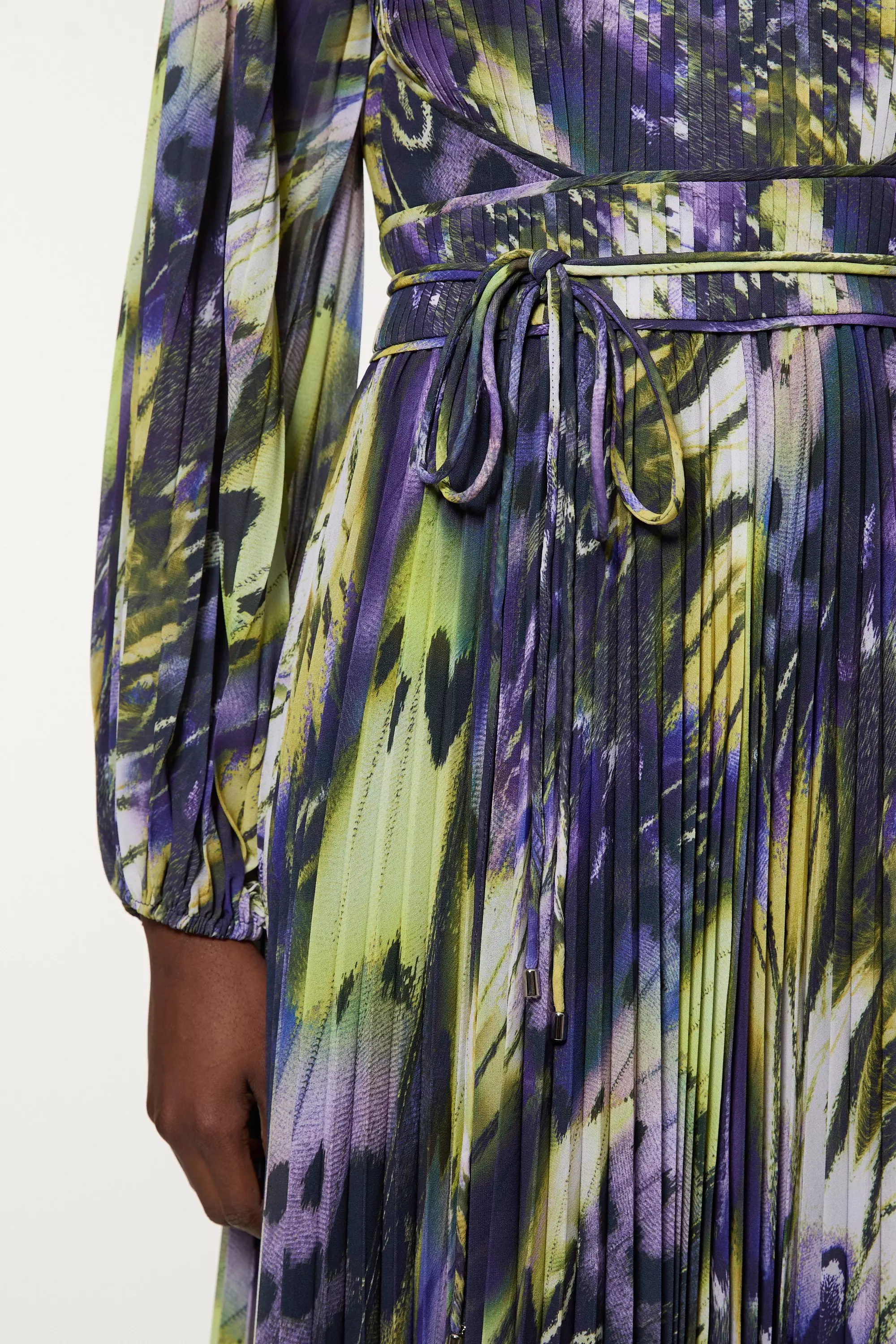 Crystal Embellished Crinkle Feather Printed Woven Maxi Dress