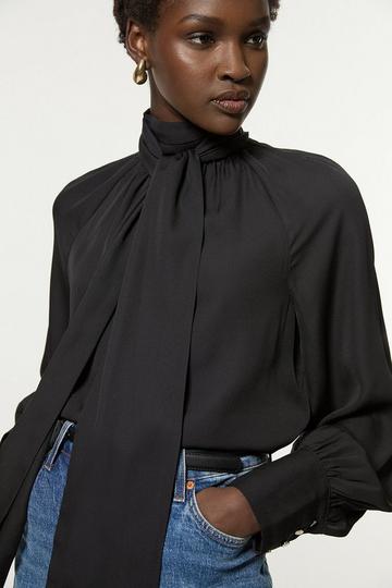 Black Tall Sleeved Pussy Bow Woven Blouse