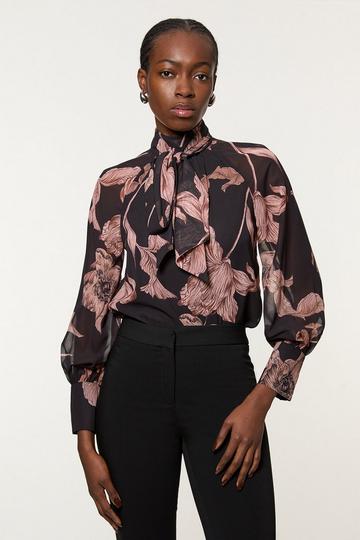 Multi Petite Floral Tie Neck Printed Woven Blouse