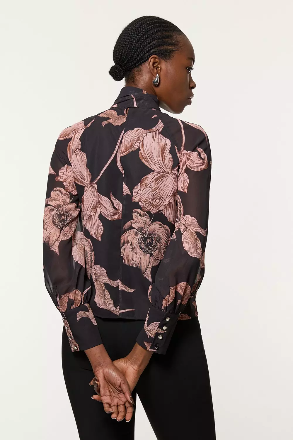 CODE A petit flower ribbon blouse ブラック Petite Floral Tie Neck Printed Woven Blouse | Karen Millen