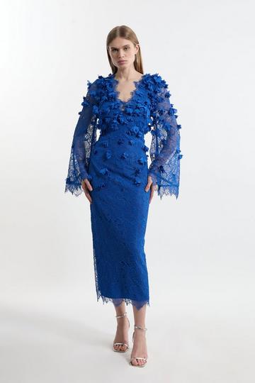 Lace Petal Applique Balloon Sleeve Woven Midi Dress cobalt