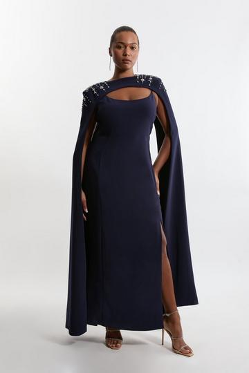 Plus Size Crystal Embellished Viscose Crepe Woven Maxi Dress With Detachable Cape navy