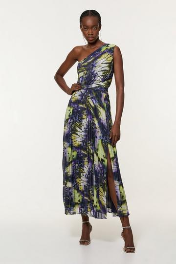 Crinkle Feather Print Woven One Shoulder Maxi Dress multi