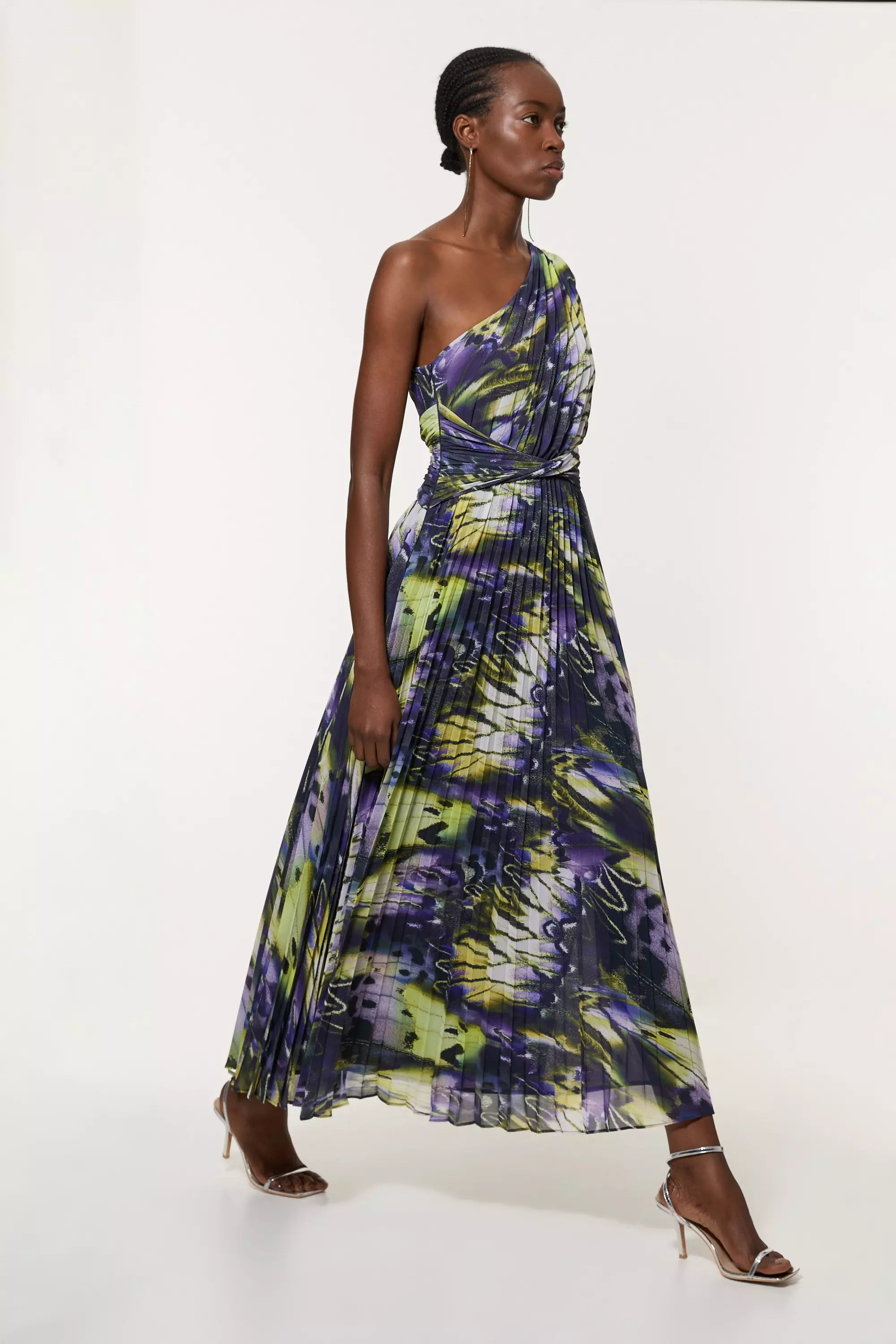 Crinkle Feather Print Woven One Shoulder Maxi Dress | Karen