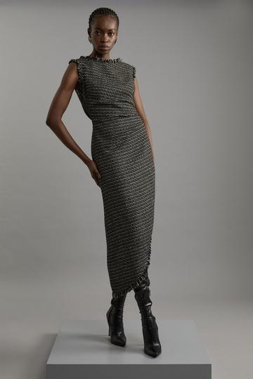 Metallic Boucle Tailored Ruched Midi Dress black