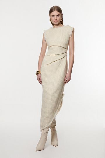 Metallic Boucle Tailored Ruched Midi Dress ivory