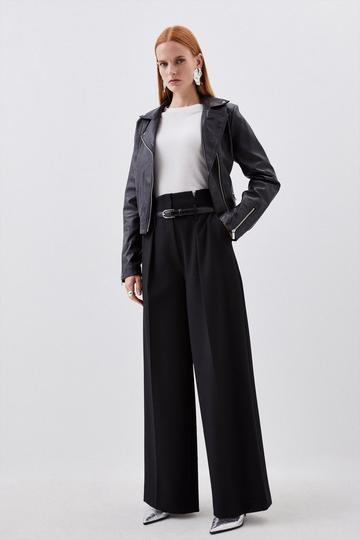 Black Petite Tailored Compact Stretch High Waist Wide Leg Trousers