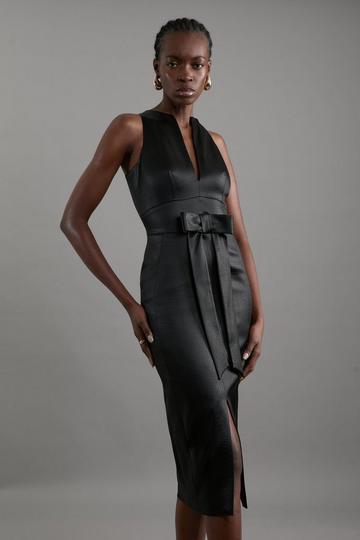 Petite Italian Structured Satin Bow Detail Tailored Maxi Dress black