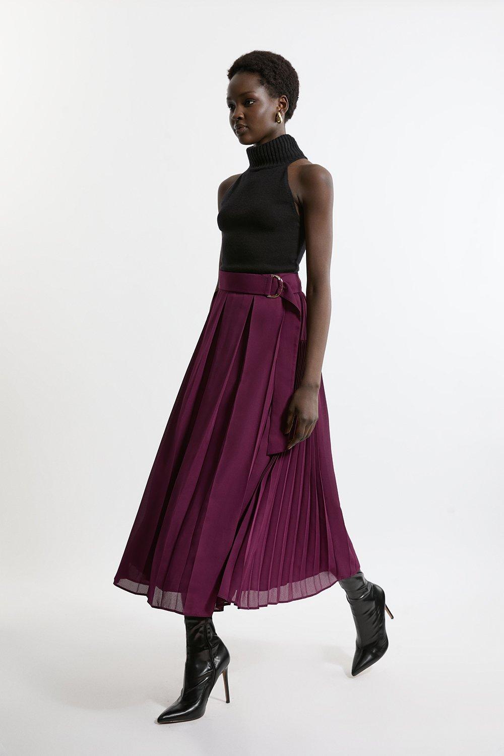 Purple Georgette Pleated Woven Midi Skirt 