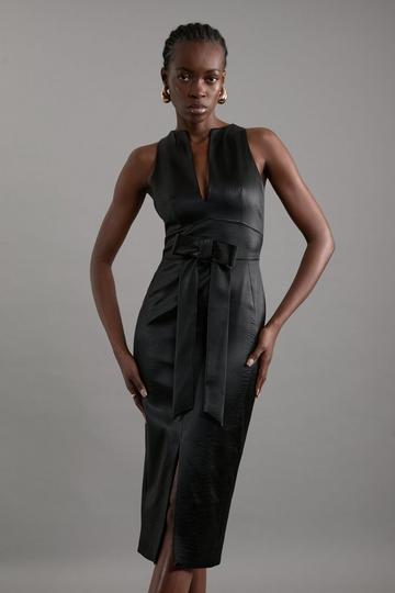 Italian Structured Satin Bow Detail Tailored Maxi Dress black