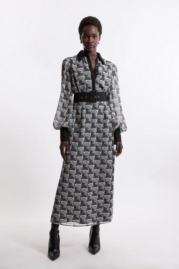 Petite Mono Print Belted Woven Maxi Dress mono