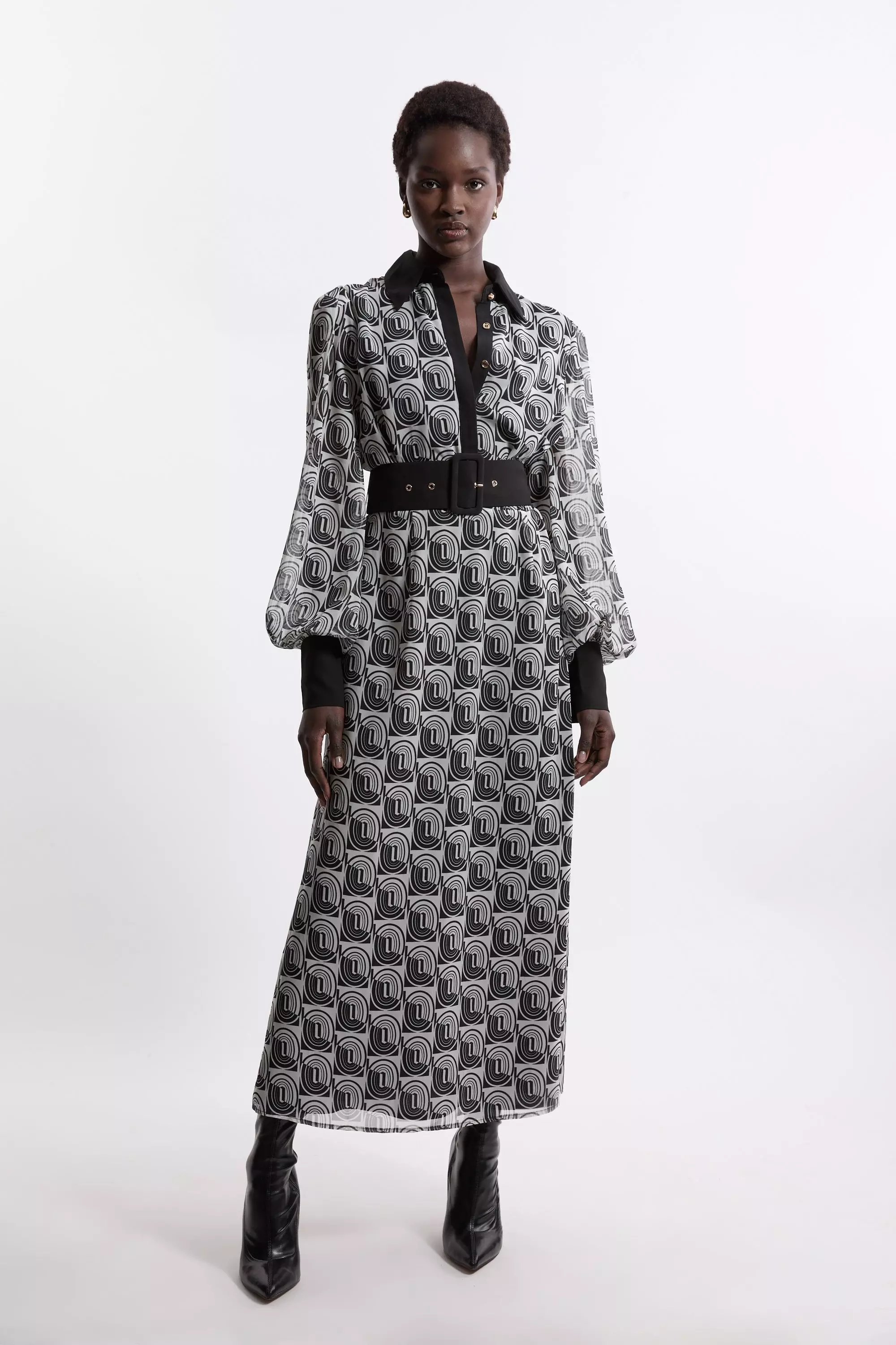 Petite Mono Print Belted Woven Maxi Dress Karen Millen