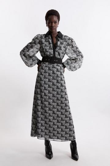 Monochrome Print Belted Woven Maxi Dress mono