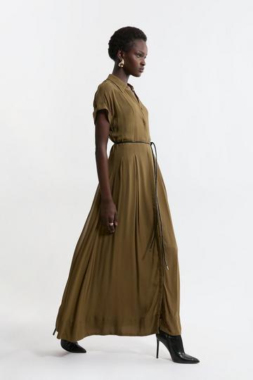 Tall Pleated Woven Viscose Maxi Shirt Dress khaki