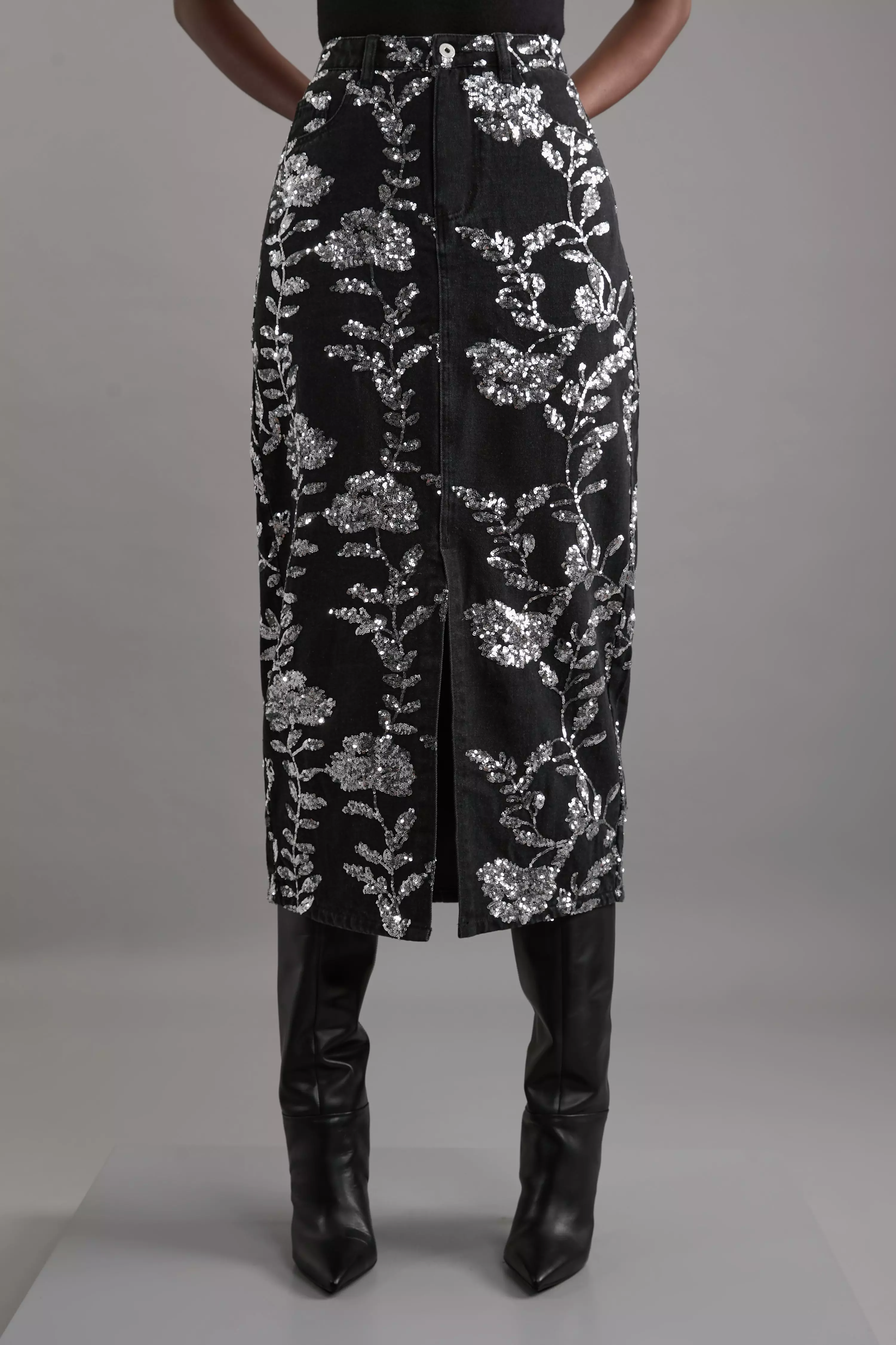 Denim All Over Floral Sequin Skirt | Karen Millen