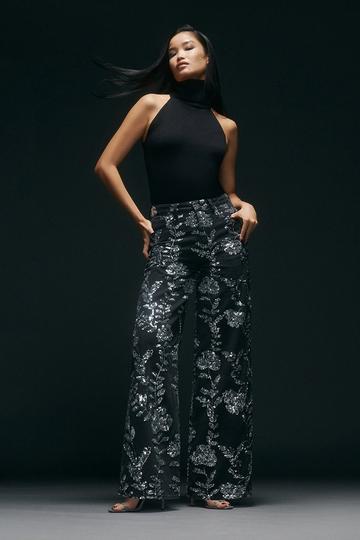 Black Denim All Over Floral Sequin Wide Leg Trousers