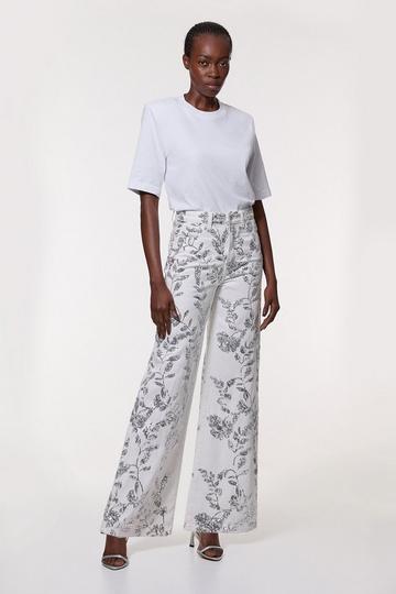 Denim All Over Floral Sequin Wide Leg Pants ivory