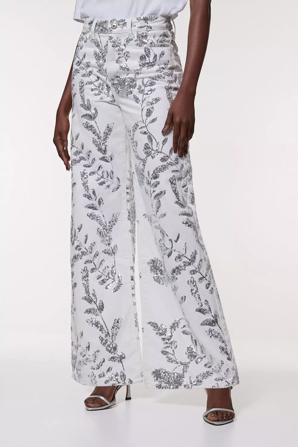 Denim All Over Floral Sequin Wide Leg Pants | Karen Millen