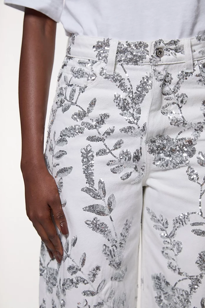 Denim All Over Floral Sequin Wide Leg Pants | Karen Millen Denim All Over Floral Sequin Wide Leg Pants | Karen Millen