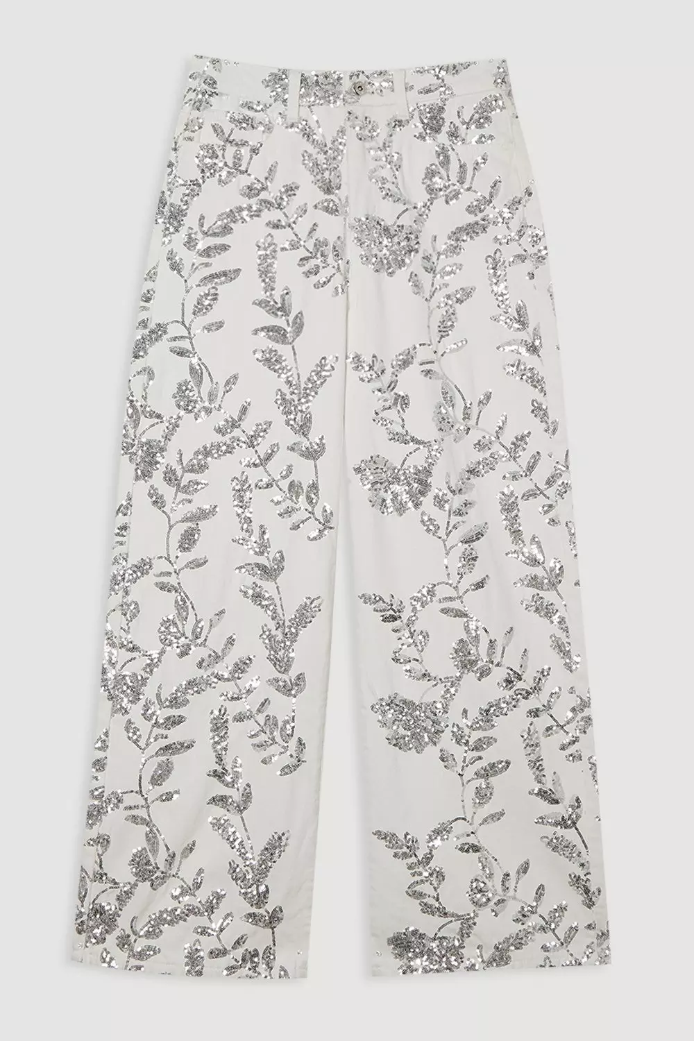Denim All Over Floral Sequin Wide Leg Pants | Karen Millen