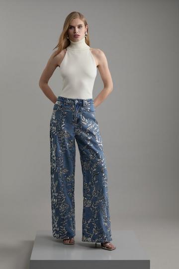 Blue Denim All Over Floral Sequin Wide Leg Trousers