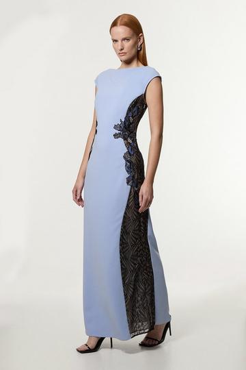 Blue Lace Applique Contrast Sleeveless Tailored Maxi Dress