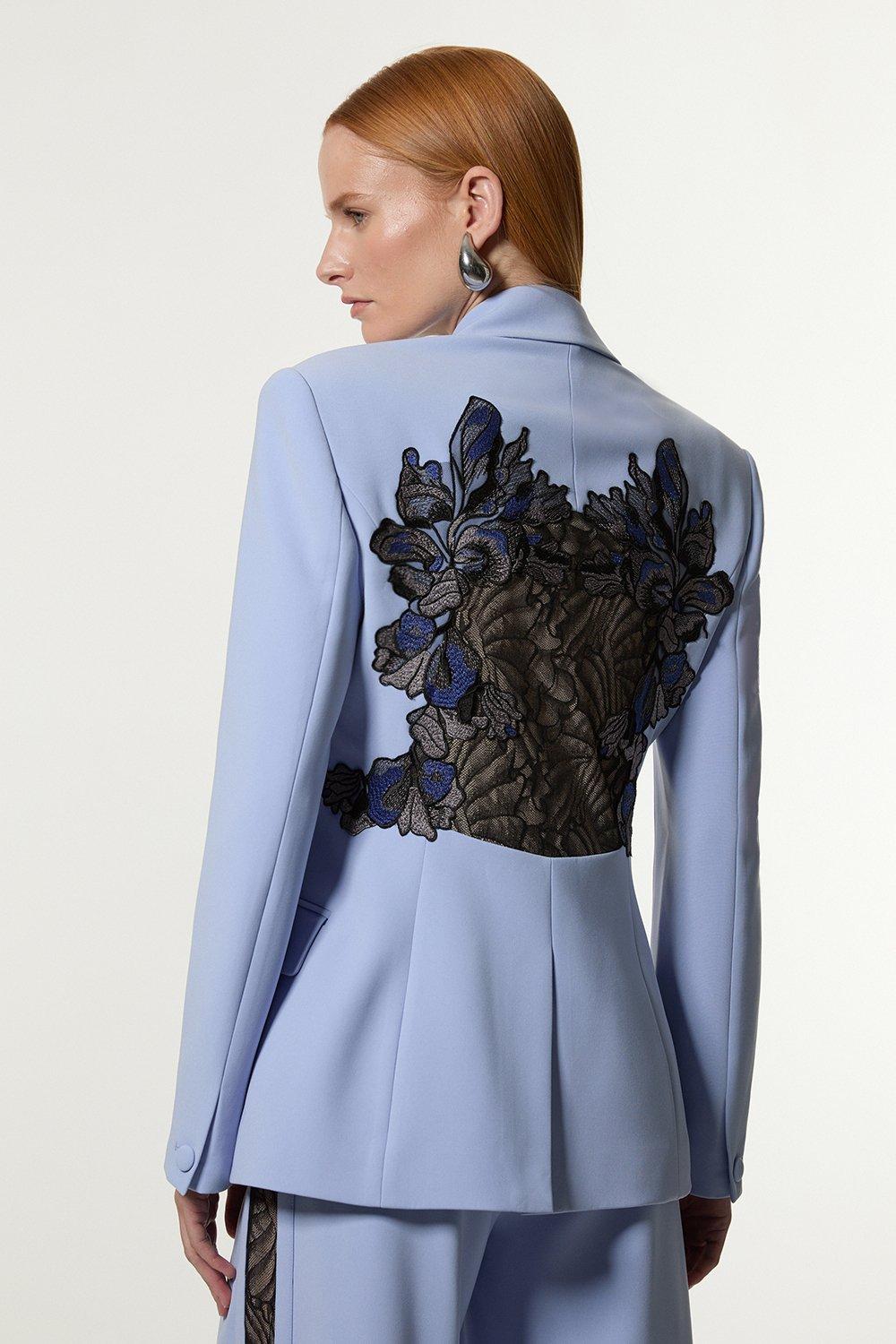 Pale blue Lace Applique Contrast Tailored Tuxedo Jacket