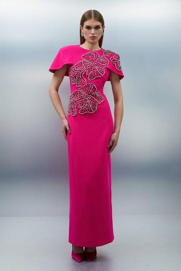 Placed Floral Crystal Embellished Tailored Cape Maxi Dress hot pink