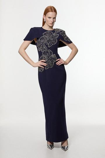 Placed Floral Crystal Embellished Tailored Cape Maxi Dress navy