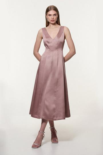 Petite Viscose Satin Structured Tailored Seam Detail Midi Dress blush