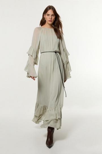 Drama Kimono Viscose Georgette Woven Maxi Dress With PU Belt sage