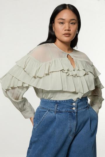 Plus Size Drama Ruffle Viscose Georgette Woven Blouse sage