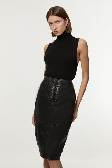 Leather Lace Up Pencil Skirt black