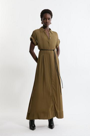 Petite Pleated Woven Viscose Midaxi Shirt Dress khaki