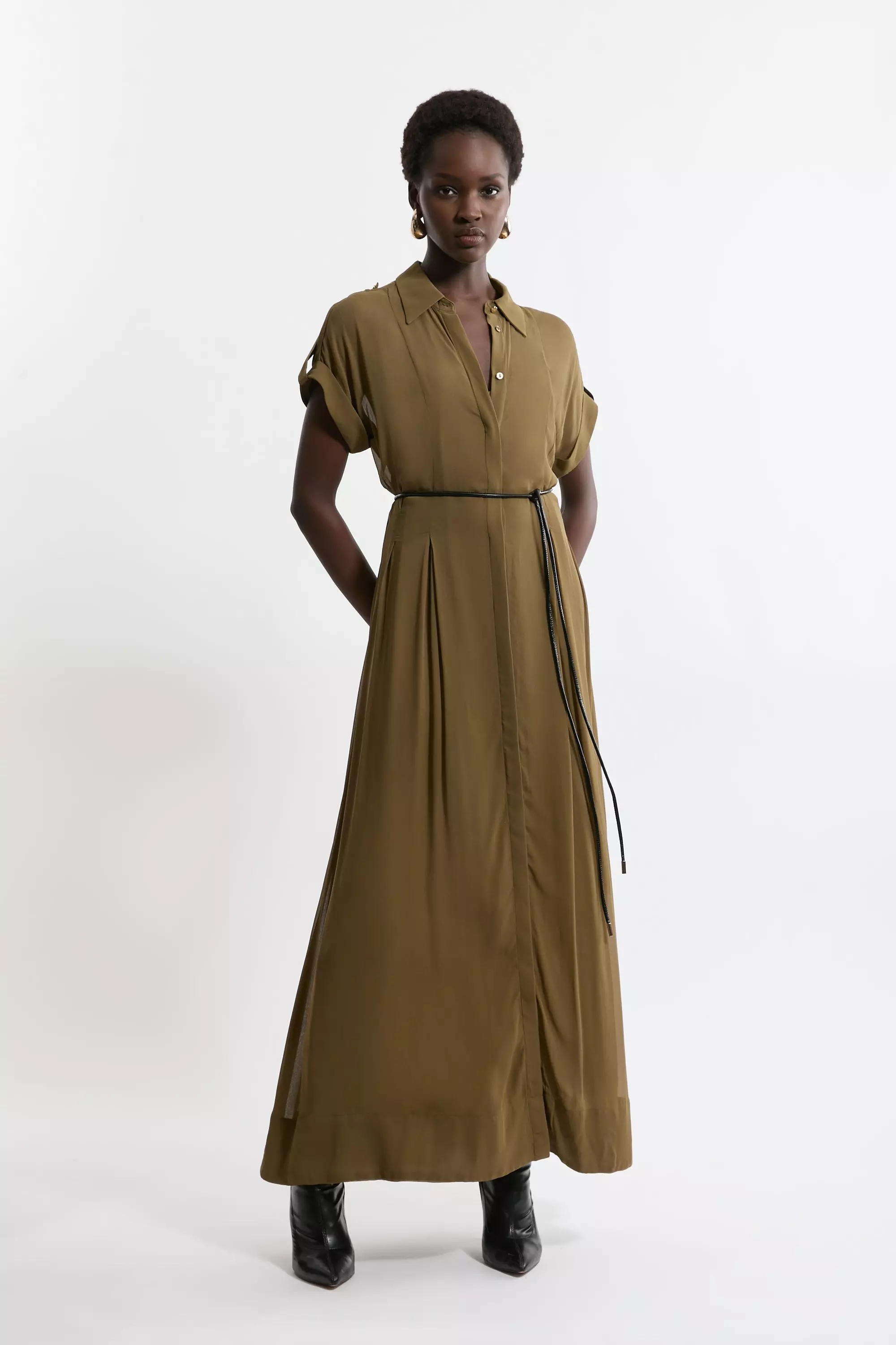 Petite Pleated Woven Viscose Maxi Shirt Dress Karen Millen