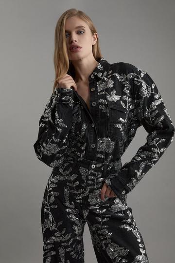 Black Denim All Over Floral Sequin Jacket